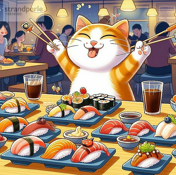 Anthropomorphe lustige glückliche übergewichtige Katze isst Sushirollen und Sashimi im asiatischen Restaurant ai erzeugt