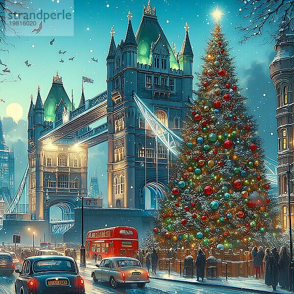 Weihnachtsbaum mit hellen goldenen funkelnden Girlande auf Weihnachtsbaum in der cuty von London. Neujahrsatmosphäre. Feiertage und Neujahr Konzept. AI generiert