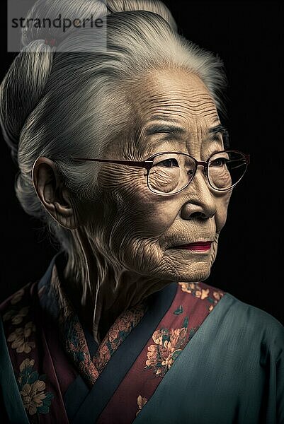 Alte Frau  weißhaarig  Portrait einer japanischen Frau mit Brille  Kimono  Geiko  Geigi  AI generiert