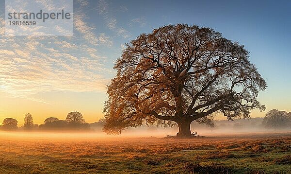 Ein einsamer Baum steht bei Sonnenaufgang inmitten eines nebligen  golden beleuchteten Feldes und ruft eine heitere Herbststimmung hervor  die AI erzeugt  KI generiert