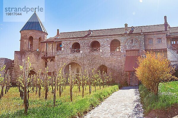 Panoramablick auf das orthodoxe Kloster und den Weinberg von Alaverdi in der Region Kachetien im Osten Georgiens