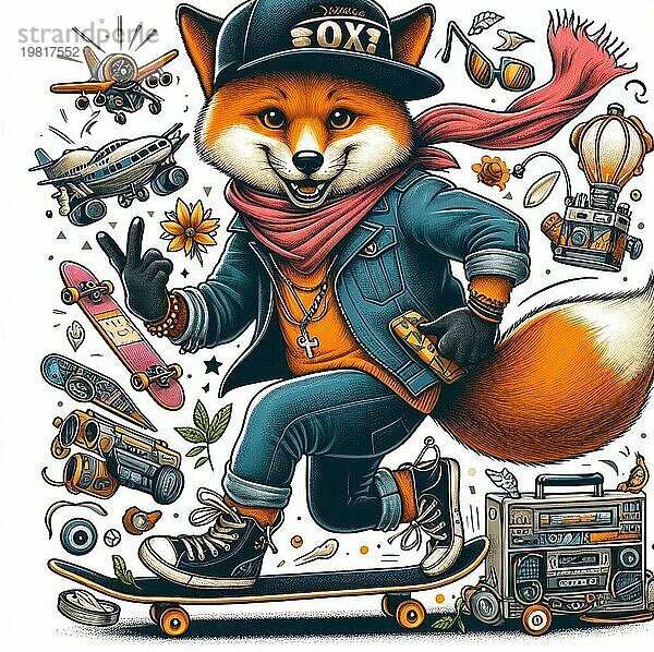 Kühle Gangster Fuchs Flip Jump Skateboard anthropomorphen lustigen Charakter Poster im Winter ai generiert