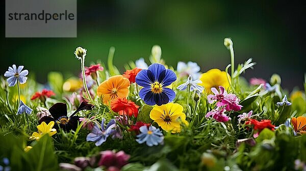 Schöne bunte Frühlingsblumen im Garten an einem sonnigen Tag. Closeup Blumen auf unscharfen Hintergrund. Wildblumen Hintergrund AI generiert  KI generiert