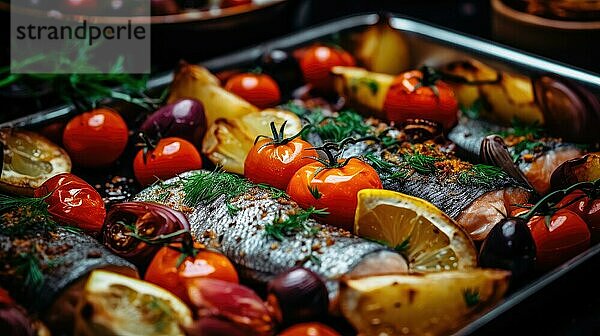 Gegrillter Fisch mit Gemüse auf dem Tisch. Stil Jahrgang. selektiver Fokus AI generiert  KI generiert