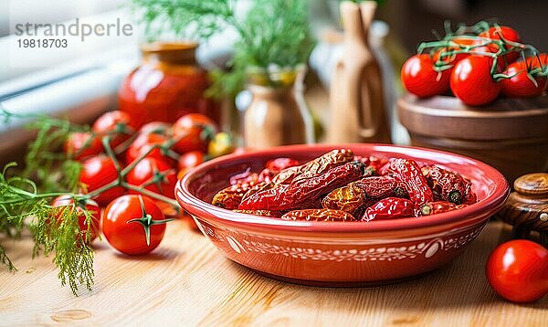 Getrocknete Tomaten in einer Schüssel auf einem hölzernen Hintergrund. Selektiver Fokus AI generiert  KI generiert