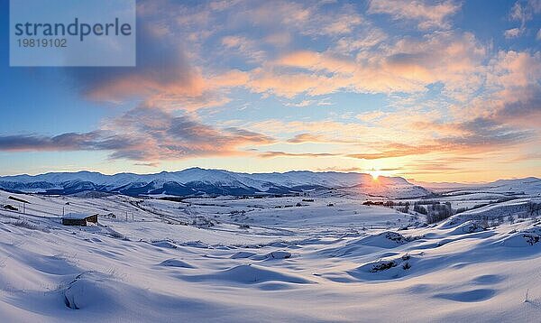 Panoramablick auf eine ruhige  schneebedeckte Berglandschaft während eines heiteren Sonnenuntergangs AI erzeugt  KI generiert