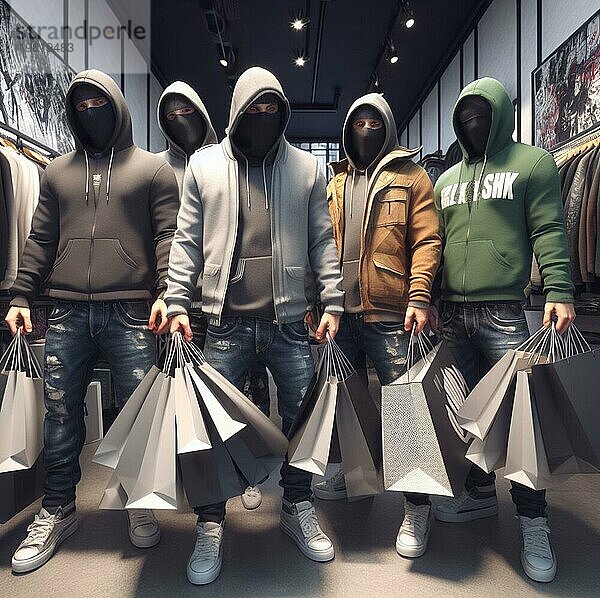 Eine Gruppe von unerkennbar entspannten Bandenmitgliedern  die als Ladendiebe ein Bekleidungsgeschäft leer räumen  hält viele volle Taschen mit gestohlenen Waren in der Hand  ohne Gewalt zu erzeugen  KI generiert