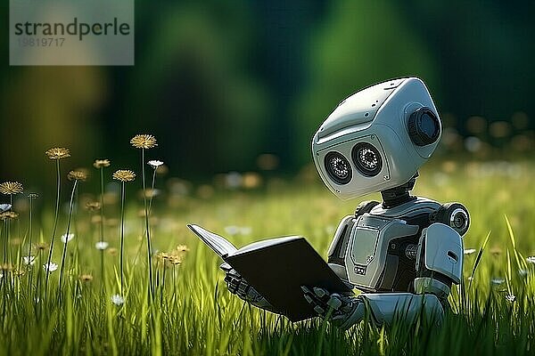 KI Lernkonzept  ein niedlicher Roboter  der auf einer Sommerwiese ein Buch liest. Das Bild fängt die Harmonie zwischen Natur und Technologie ein