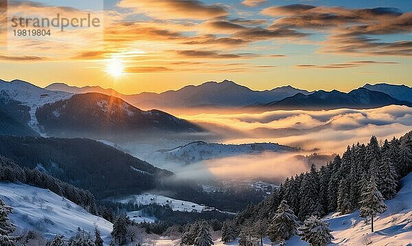 Sonnenuntergang über einer heiteren Berglandschaft mit Wolken in den Tälern inmitten eines Waldes AI erzeugt  KI generiert