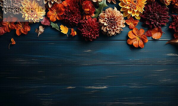 Herbstblumen Rahmen auf hölzernen Hintergrund. Saisonale gelbe und rote Blumen. Herbstlicher Hintergrund. Platz für Text Ai generiert
