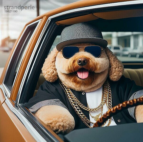 Coole hispanische Fashionista Gangster Labradoodle Hund Fahrt Lowrider Retro 70er Jahre Oldtimer  tragen Kappe und Sonnenbrille  weißes TShirt anthropomorphen lustigen Charakter ai generiert