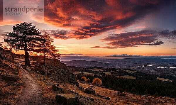 Ein heiterer Sonnenuntergang mit warmen Farben über einem von Kiefern gesäumten Bergpfad unter einem dramatischen Himmel  der AI erzeugt  KI generiert