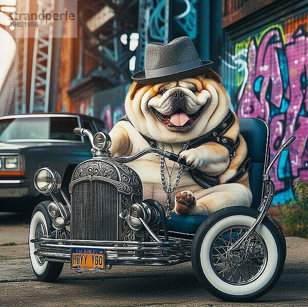 Coole hispanische Gangster plus Größe gemischte Rasse Mops Hund Fahrt Hotrod in der Straße anthropomorphic lustigen Charakter ai generiert