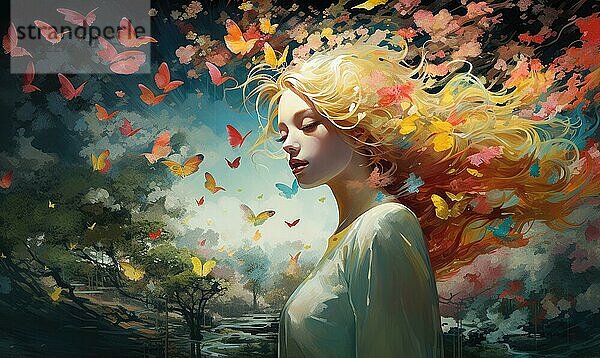 Schönes Mädchen mit Schmetterlingen. Digitale Malerei. Schöne junge Frau mit roten Haaren im Herbst Wald. Digitale Malerei Stil Ai erzeugt