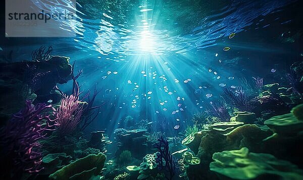 Unterwasseransicht eines tropischen Korallenriffs mit Fischen und Lichtstrahlen AI erzeugt  KI generiert