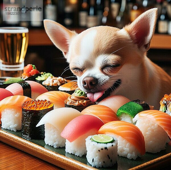 Anthropomorphic lustig glücklich träumen mit geschlossenen Augen chihuahua Hund essen Sushirollen und Sashimi im asiatischen Restaurant ai erzeugt