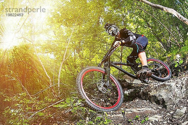 Ein junger Fahrer auf einem Fahrrad für Downhill steigt die Felsen im Wald hinunter