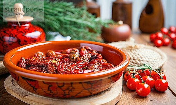 Getrocknete Tomaten in einer Schüssel auf einem hölzernen Hintergrund. Selektiver Fokus AI generiert  KI generiert