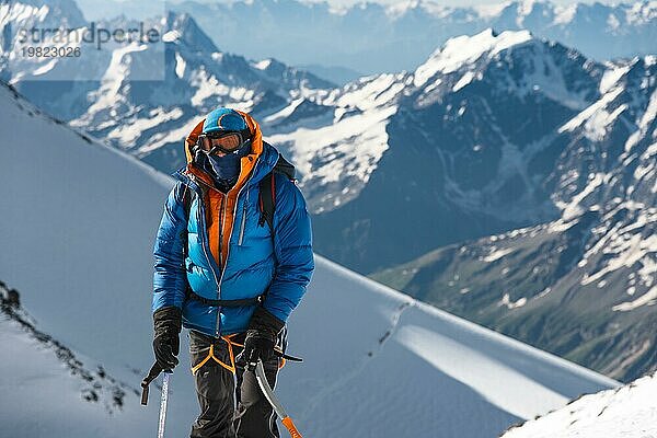 Professionelle Bergsteiger besteigen den westlichen Gipfel des Elbrus vor dem Hintergrund des kaukasischen Gebirgskamms und der schneebedeckten Gipfel des Kaukasusgebirges