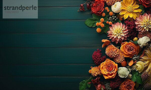 Herbstblumen Rahmen auf hölzernen Hintergrund. Saisonale gelbe und rote Blumen. Herbstlicher Hintergrund. Platz für Text Ai generiert