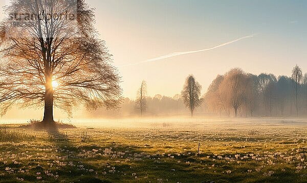 Sonnenaufgang im Gegenlicht eines nebligen Feldes mit einem Baum im Vordergrund AI generiert  KI generiert