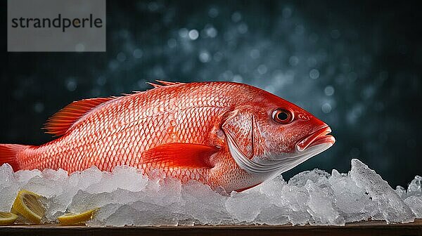 Frischer roter Fisch auf Eis auf dunkelblauem Hintergrund mit Bokeh AI erzeugt  KI generiert