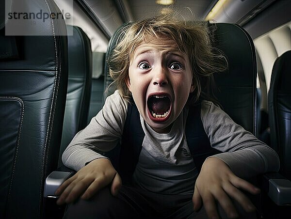 Kind an Bord eines Flugzeuges. Es wirkt angespannt und schreit  Flugangst und Panik vorm Fliegen. KI generiert