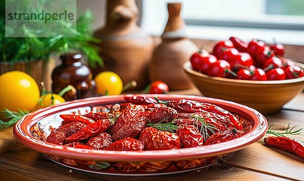 Getrocknete Tomaten in einer Schüssel auf einem hölzernen Hintergrund. Selektiver Fokus AI generiert  KI generiert