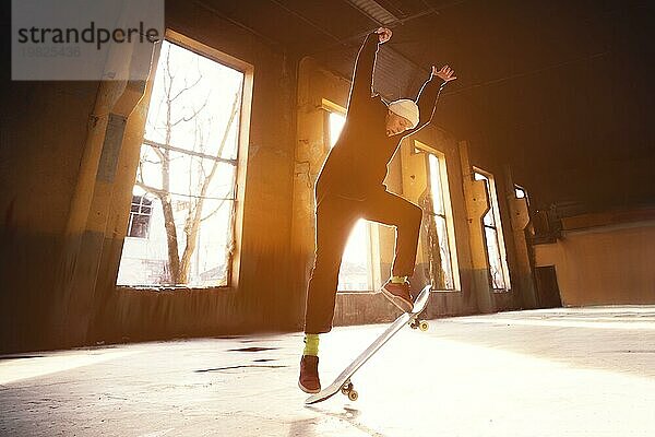 Ein junger Skater mit weißer Mütze und schwarzem Sweatshirt macht einen Trick mit einem Skatesprung in einem verlassenen Gebäude im Gegenlicht der untergehenden Sonne. Das Konzept der jugendlichen Untergrundkultur und des Skateboarding