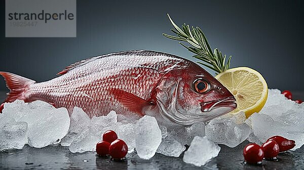 Frische rote Fische auf Eis auf dunkelblauem Hintergrund mit Bokeh Ai generiert