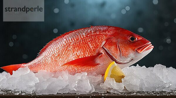 Frischer roter Fisch auf Eis auf dunkelblauem Hintergrund mit Bokeh AI erzeugt  KI generiert