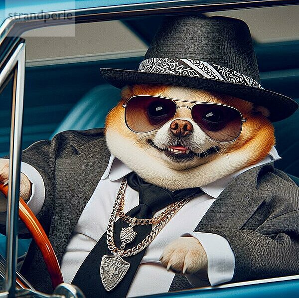 Cool hispanischen Gangster übergewichtigen Chihuahua Hund Fahrt Lowrider Retroauto tragen Hut  eleganten Anzug und Krawatte  anthropomorphen lustigen Charakter ai generiert