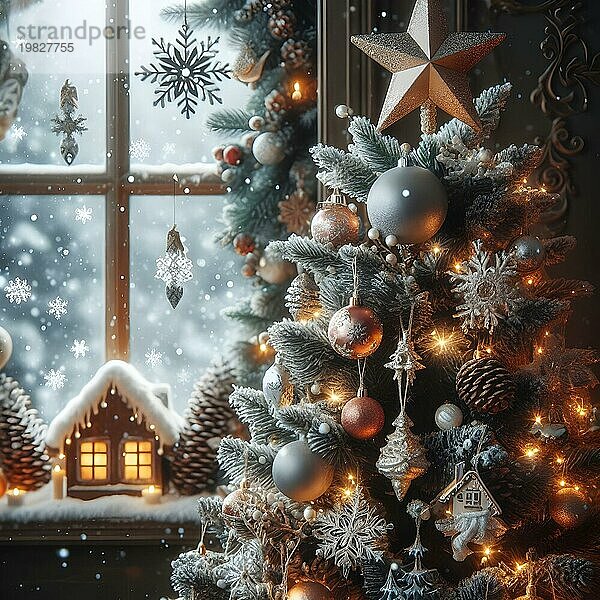 Weihnachtsbaum mit hellen goldenen und roten Kugeln  funkelnde Girlande auf Weihnachtsbaum. Neujahrsatmosphäre. Feiertage und Neujahr Konzept. AI generiert