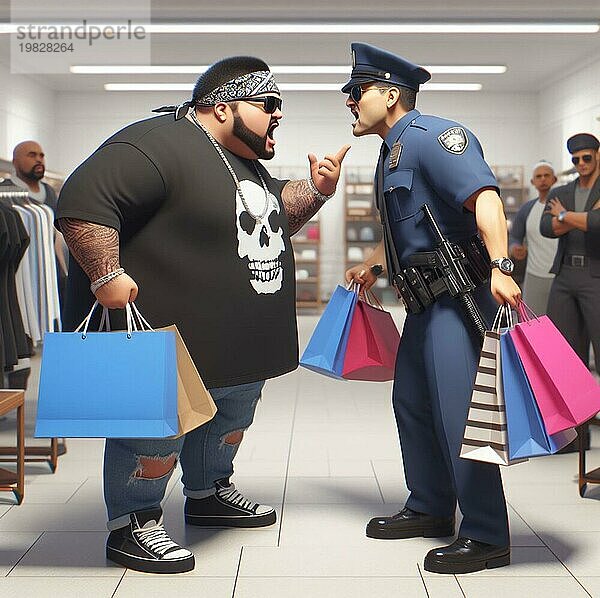 Wütend übergroßen Gangster Kunden halten viele Taschen haben Diskussion mit Polizist Sicherheitsbeamten in Kleidung Einzelhandel Shop ai generiert