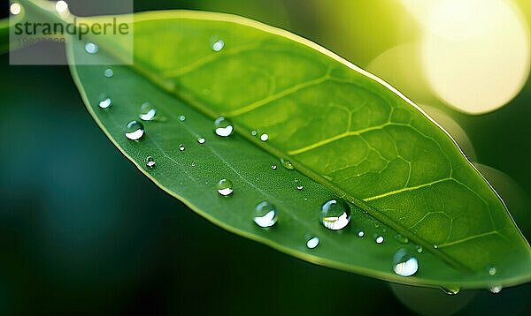 Serene grüne Blatt mit Wassertropfen und Bokeheffekt von Sonnenlicht AI generiert  KI generiert