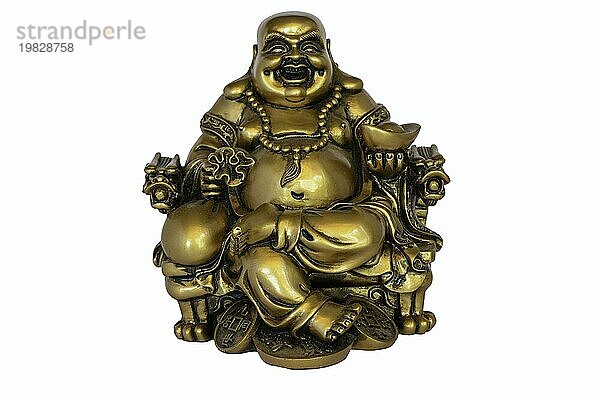 Goldener Buddha Ausschnitt  lachend glücklich  weißer Hintergrund und copyspace