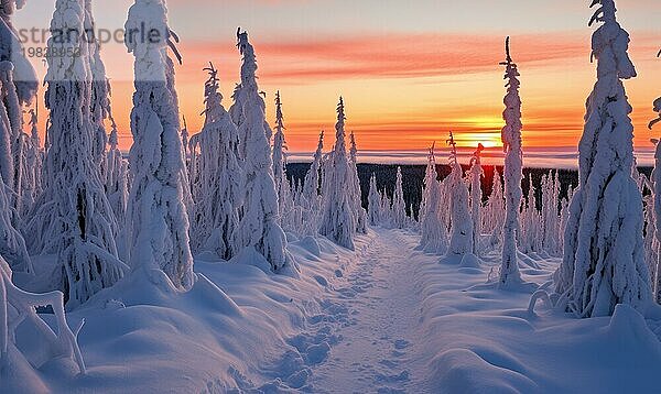 Eine heitere Schneelandschaft bei Sonnenuntergang mit einem Weg  der durch schneebedeckte Bäume unter einem pastellfarbenen Himmel führt AI generiert  KI generiert