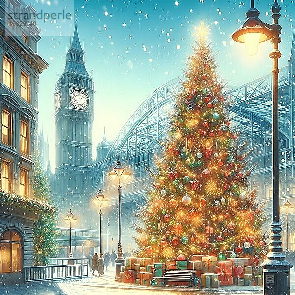 Weihnachtsbaum mit hellen goldenen funkelnden Girlande auf Weihnachtsbaum in der cuty von London. Neujahrsatmosphäre. Feiertage und Neujahr Konzept. AI generiert