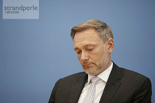 Christian Lindner (FDP)  Federal Minister of Finance  recorded during the press conference on the agreement on basic child insurance in the BPK in Berlin  28 August 2023.