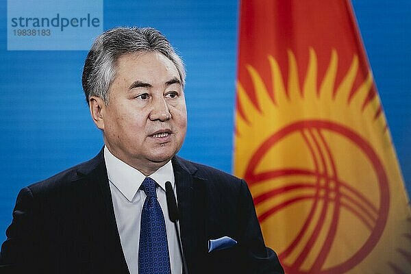 Zheenbek Kulubayev  Foreign Minister of Kyrgyzstan  speaks to the media in Berlin  24 August 2023