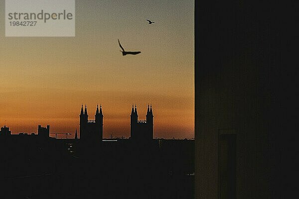 Vögel zeichnen sich ab in der Abenddämmerung vor der Silhouette der Friedrichswerderschen Kirche in Berlin  04.09.2023