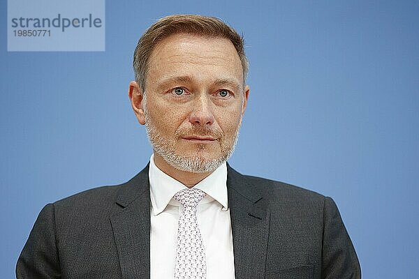 Christian Lindner (FDP)  Federal Minister of Finance  recorded during the press conference on the agreement on basic child insurance at the BPK in Berlin  28 August 2023.