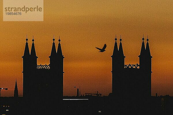 Vögel zeichnen sich ab in der Abenddämmerung vor der Silhouette der Friedrichswerderschen Kirche in Berlin  04.09.2023