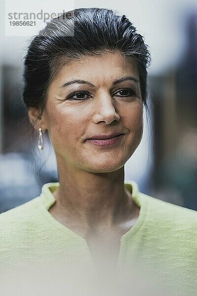 Sahra Wagenknecht  MdB  speaks to the media after a press conference on the founding of the association Buendnis Sahra Wagenknecht  Fuer Vernunft und Gerechtigkeit in preparation for a new party. Berlin  23 October 2023