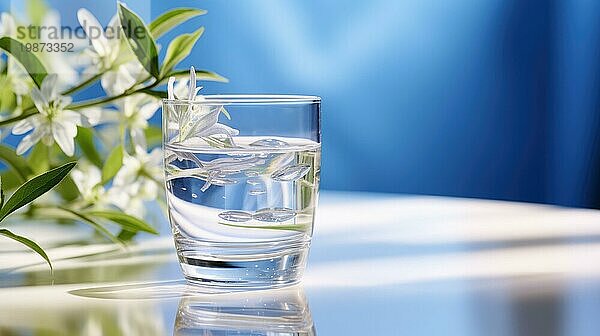 Ein Glas Wasser mit Eiswürfeln auf einer Fläche  begleitet von weißen Blumen  die ein Gefühl von Frische und Reinheit vermitteln Ai erzeugt