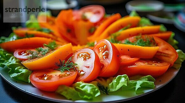 Geschnittene Tomate auf grünem Salat. Selektiver Fokus AI erzeugt  KI generiert