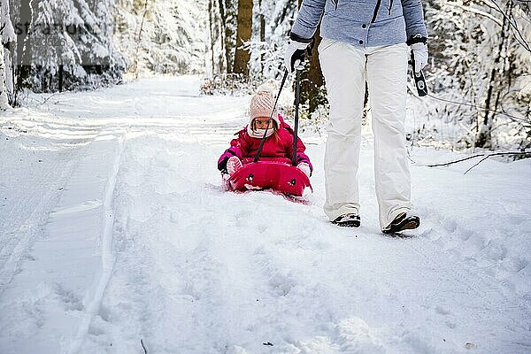 Mutter  die ihr Baby auf einem Schlitten durch den Winterwald zieht. Thema verschneiter Wald