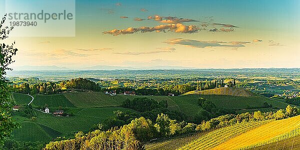 Sonnenuntergang über der südsteirischen Weinbergslandschaft in der Steiermark  Österreich. Ein schönes  ruhiges Reiseziel für den berühmten Weißwein Tra