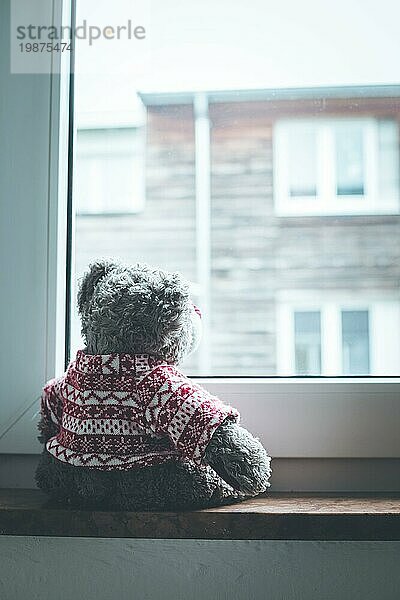 Niedlicher Teddybär sitzt auf der Fensterbank und schaut aus dem Fenster