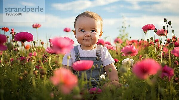 Niedlicher kleiner Junge im Mohnfeld an einem sonnigen Sommertag. Glückliches Kind mit Blumen AI generiert  KI generiert